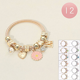 12PCS - Enamel Flower Metal LOVE Stone Cluster Heart Charm Beaded Stretch Bracelets