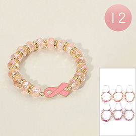12PCS - Enamel Pink Ribbon Faceted Beaded Stretch Bracelets