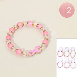 12PCS - Enamel Pink Ribbon Beaded Stretch Bracelets