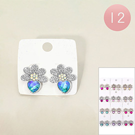 12Pairs - Rhinestone Paved Flower Heart Stone Earrings
