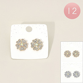 12Pairs - Rhinestone Paved Flower Stud Earrings