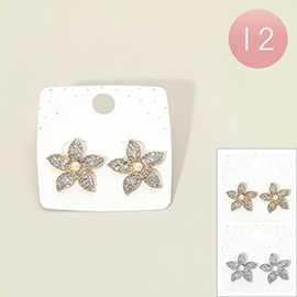 12Pairs - Pearl Centered Stone Paved Flower Earrings