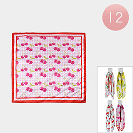 12PCS - Fruit Pattern Printed Satin Feel Lightweight Fashion Square Scarf