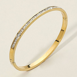 SECRET BOX_Stainless Steel Single Row Rhinestone Paved Hinged Bangle Bracelet
