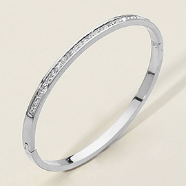 SECRET BOX_Stainless Steel Single Row Rhinestone Paved Hinged Bangle Bracelet