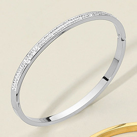 SECRET BOX_Stainless Steel Double Row Rhinestone Paved Hinged Bangle Bracelet