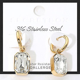 SECRET BOX_Stainless Steel Rectangular Stone Drop Dangle Mini Hoop Earrings