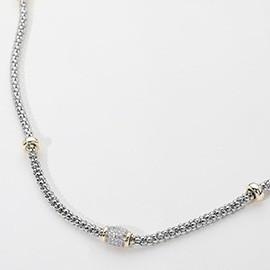 14K Gold Plated Two Tone CZ Stone Bead Accent Textured Chain Neacklace