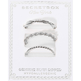 SECRET BOX_3PCS Genuine Silver Dipped Textured Stackable Fashion Ring Set