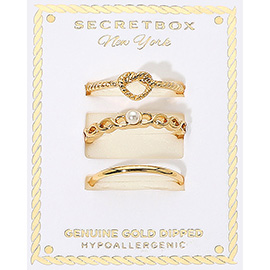 SECET BOX_3PCS Genuine Gold Dipped Heart Pearl Accent Stackable Fashion Ring Set