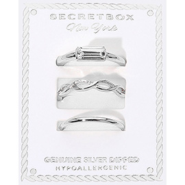 SECRET BOX_3PCS Genuine Silver Dipped Baguette Stone Accent Stackable Fashion Ring Set
