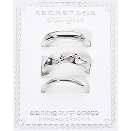 SECRET BOX_3PCS Genuine Silver Dipped Sculptural Stackable Fashion Ring Set