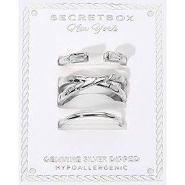 SECRET BOX_3PCS Genuine Silver Dipped Baguette Open Leaf Detail Simple Band Stackable Fashion Ring Set