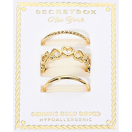 SECRET BOX_3PCS Genuine Gold Dipped Heart Band Stackable Fashion Ring Set