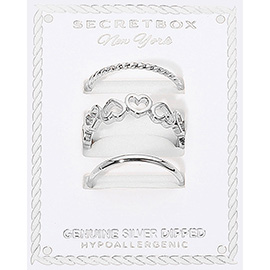 SECRET BOX_3PCS Genuine Silver Dipped Heart Band Stackable Fashion Ring Set