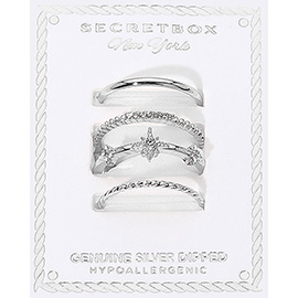 SECRET BOX_3PCS Genuine Silver Dipped Stone Paved Starburst Stackable Fashion Ring Set
