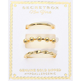 SECRET BOX_3PCS Genuine Gold Dipped Twisted Beaded Sleek Band Stackable Fashion Ring Set