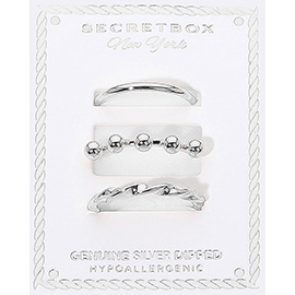 SECRET BOX_3PCS Genuine Silver Dipped Twisted Beaded Sleek Band Stackable Fashion Ring Set