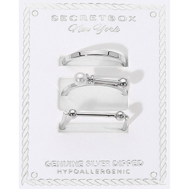SECRET BOX_3PCS Genuine Silver Dipped Pearl Accent Minimalist Stackable Fashion Ring Set