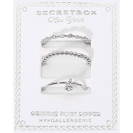 SECRET BOX_3PCS Genuine Silver Dipped Stone Accent Dainty Stackable Fashion Ring Set