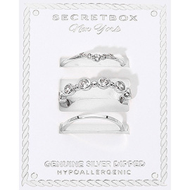 SECRET BOX_3PCS Genuine Silver Dipped Crystal Stackable Fashion Ring Set
