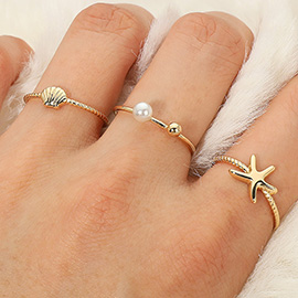 SECRET BOX_3PCS Genuine Gold Dipped Pearl Sea Shell Starfish Stackable Fashion Ring Set
