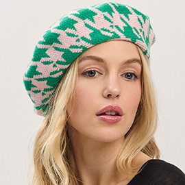 Houndstooth Knit Beret Hat
