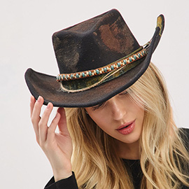 Vintage Western Distressed Beaded Band Rustic Cowgirl Fedora Hat