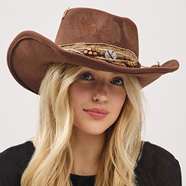 Vintage Feather Accent Wood Beaded Distressed Finish Band Rustic Cowgirl Western Fedora Hat