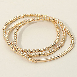 3PCS - Metal Ball Beaded Bar Accent Stretch Multi Layered Bracelets