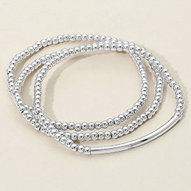 3PCS - Metal Ball Beaded Bar Accent Stretch Multi Layered Bracelets