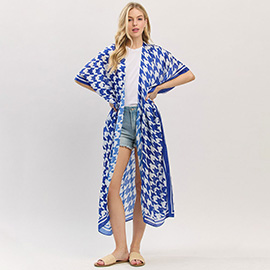 Houndstooth Print Open Front Long Kimono Poncho