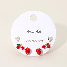 SECRET BOX_Heart Stone Enamel Cherry Strawberry Stud Earring Set