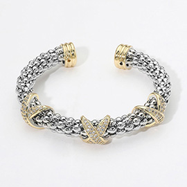 CZ Stone Paved Tiple Crisscross Accent Two Tone Cuff Bracelet