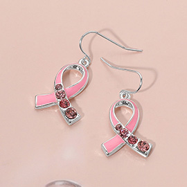 Stone Accent Enamel Pink Ribbon Dangle Earrings