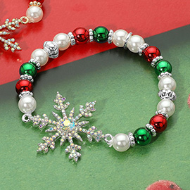 Stone Paved Snowflake Charm Holiday Pearl Beaded Stretch Bracelet