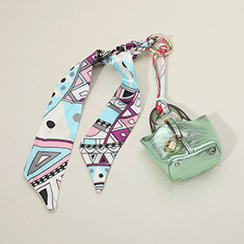 Faux Leather Elegant and Stylish Mini Purse / Bag Charm with Abstract Pattern Petit Scarf