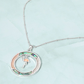 Flamingo Accented Abalone Sea Glass Pendant Necklace