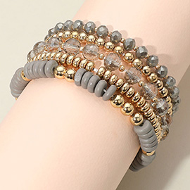 5PCS - Flat Wood Metal Ball Faceted Beaded Stretch Multi Layered Bracelets