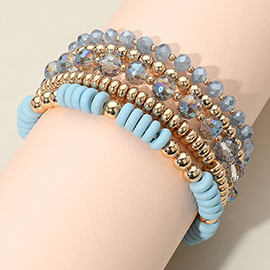 5PCS - Flat Wood Metal Ball Faceted Beaded Stretch Multi Layered Bracelets