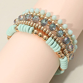 5PCS - Flat Wood Metal Ball Faceted Beaded Stretch Multi Layered Bracelets