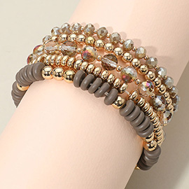 5PCS - Flat Wood Metal Ball Faceted Beaded Stretch Multi Layered Bracelets