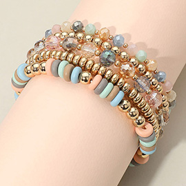 5PCS - Flat Wood Metal Ball Faceted Beaded Stretch Multi Layered Bracelets