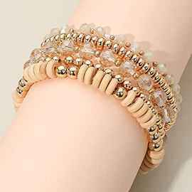 5PCS - Flat Wood Metal Ball Faceted Beaded Stretch Multi Layered Bracelets