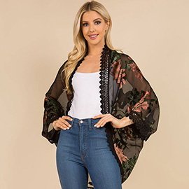 Scalloped Lace Trim Open Front Burnout Floral Print Kimono Wrap Poncho