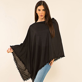 Pom Pom Trim Solid Asymmetrical Poncho
