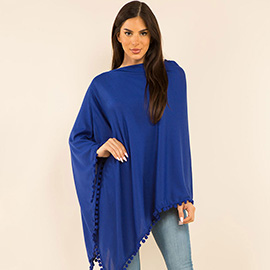 Pom Pom Trim Solid Asymmetrical Poncho
