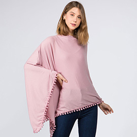 Pom Pom Trim Solid Asymmetrical Poncho