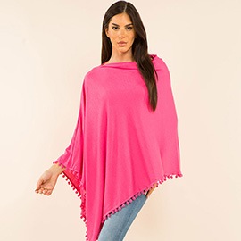 Pom Pom Trim Solid Asymmetrical Poncho