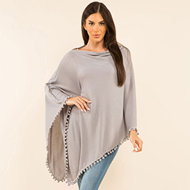 Pom Pom Trim Solid Asymmetrical Poncho